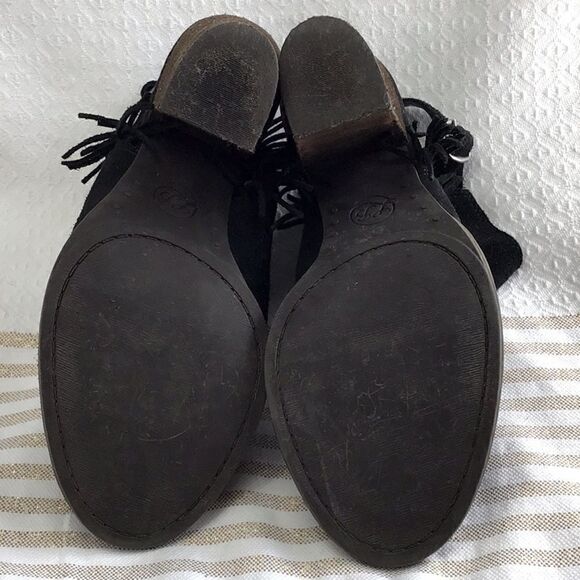 Lucky Brand LANTAU Black Fringe Suede Boho Chic Block Heel Ankle Bootie Sandals - Picture 12 of 15